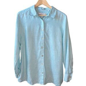Foxcroft Heritage Non Iron Button Up Shirt Size 14W Shaped Fit Blue 100% Linen‎